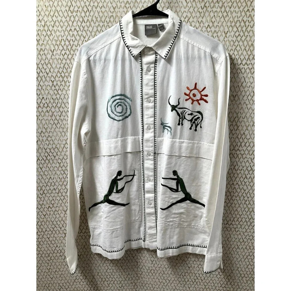 Asos Top Women M Medium Multicolor Linen Collared Embroidery Cowboy Ranching - Picture 1 of 5